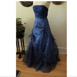 2000's Blue Chiffon Polka Dot Flirt Maggie Sottero Prom Evening Gown Dress